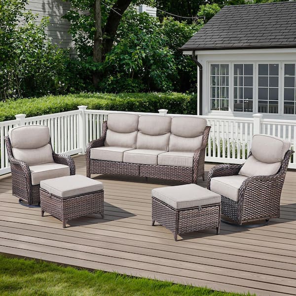 Arcadia Brown 5-Piece Wicker Patio Conversation Set with Swivel Gliders and 6 in. Thick Olefin Beige Cushions