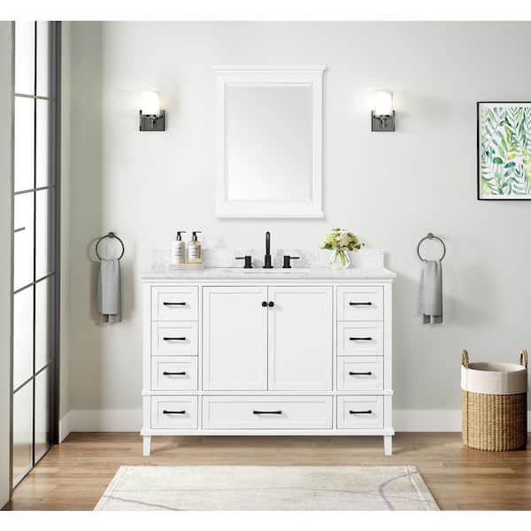 Home Decorators Collection Merryfield 49 in. W x 22 in. D x 35 in. H Single Sink Freestanding Bath Vanity in White with Carrara MarbleTop
