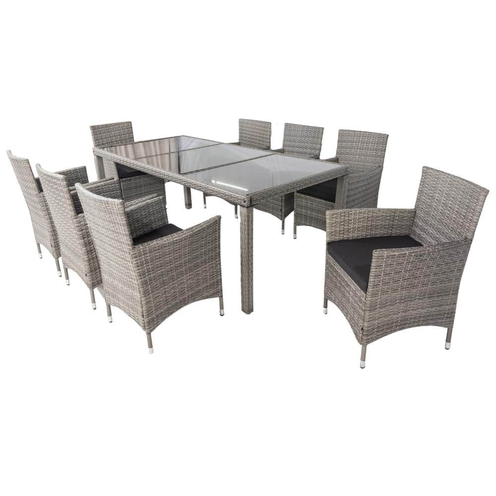 9-Piece Gray Metal Outdoor Dining Set with Gray Cushions &Tempered Glass Ta