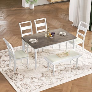 Retro Style 6-piece White Frame, Brown Tabletop and Beige Cushion Wood Dining Set with 4-Upholstered Chairs and Bench