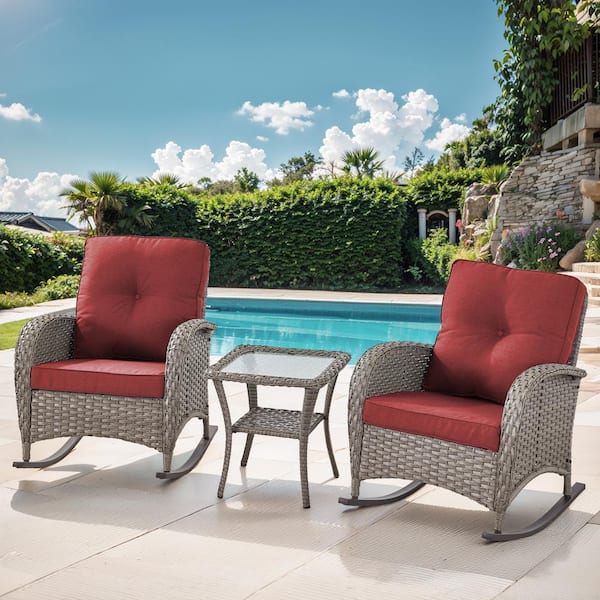 Opohoro PlainCurve 3-Piece Gray Wicker Outdoor Rocking Chairs Patio Conversation Set with Olefin Red Cushions