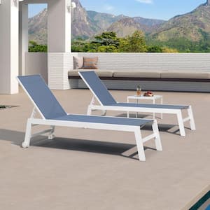 Aluminum White Frame Metal Outdoor Chaise Lounge Patio Lounge Chair with Side Table and Wheels, Steel Blue