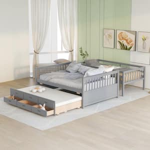 Gray Twin-Over-Full Bunk Bed with Twin Size Trundle, Separable Bunk Bed with Drawers for Bedroom