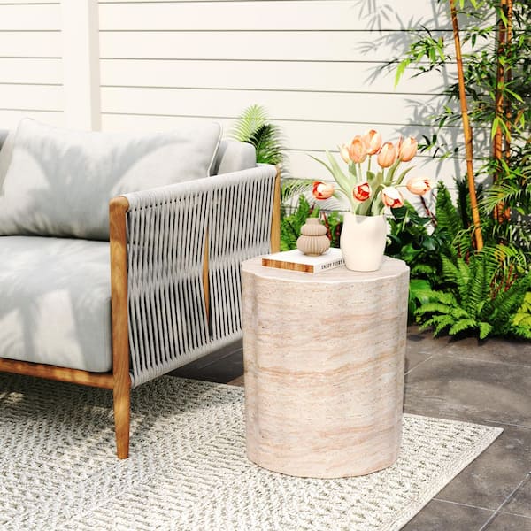 CHRISTOPHER KNIGHT HOME Deanna Travertine Cylindrical Stone Outdoor Patio Side Table, MGO