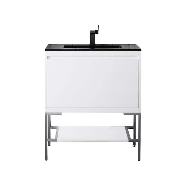 James Martin Vanities Mantova 31.5 in. W x 18.1 in. D x 36 in. H Single Bathroom Vanity Glossy White and Charcoal Black Composite Stone Top
