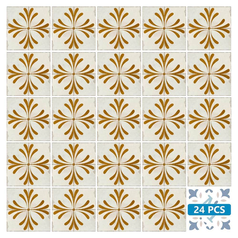 Beige and Gold Vintage Flower Vinyl Peel & Stick Tiles 8x8-inch