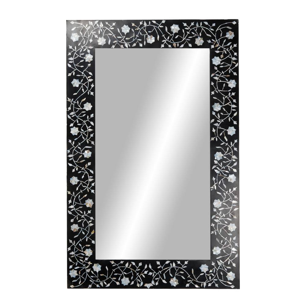 Rectangular Black Wood Wall Mirror with Floral Inlay