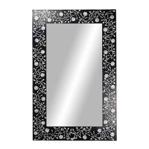 Rectangular Black Wood Wall Mirror with Pearl Oyster Flowers, 30" x 47"