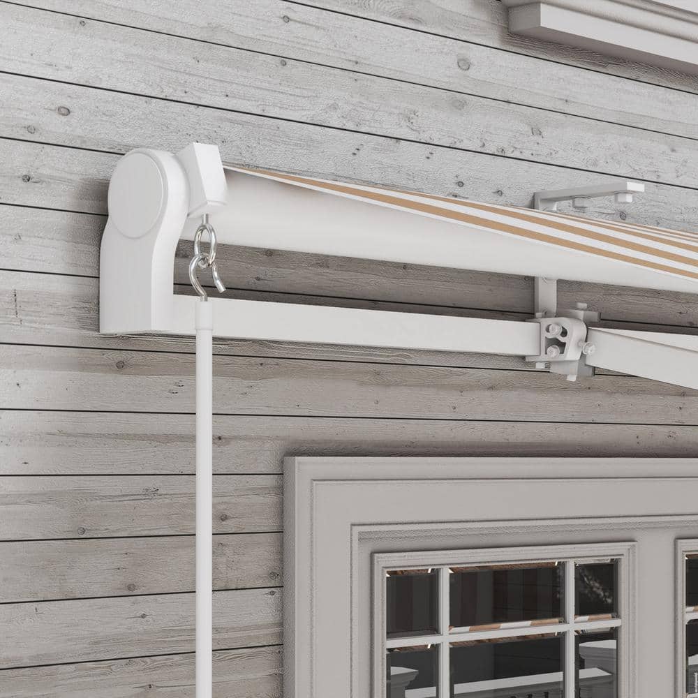 Beige Striped Aluminum Manual Retractable Patio Awning