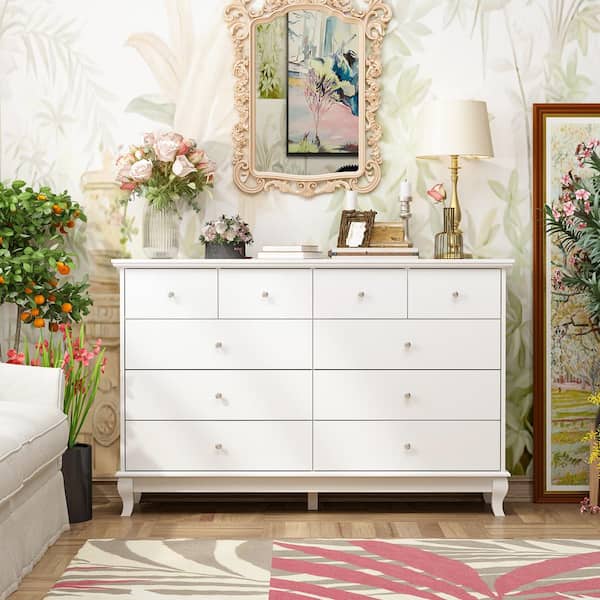 FUFU&GAGA 35.4 in. H x 55.1 in. W x 15.7 in. D 10-Drawer White Paint Finish Dresser Chest of Drawers Cabinet