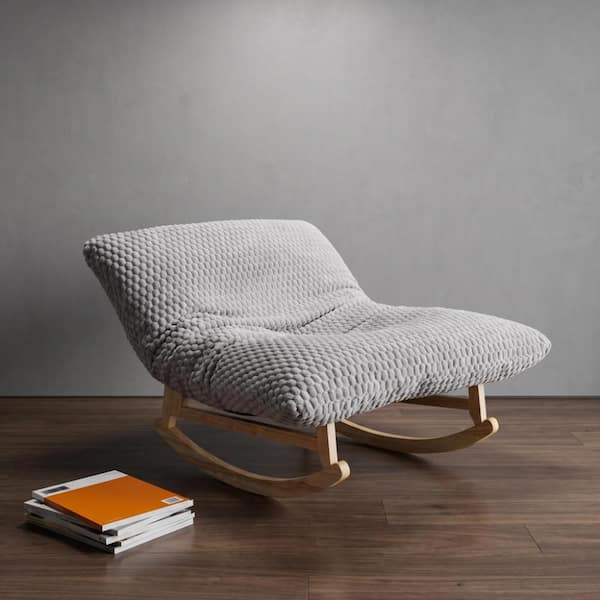 Modern Light Gray Bean Bag Rocking Chair with Solid Wood Frame and Backrest for Living Room and Bedroom