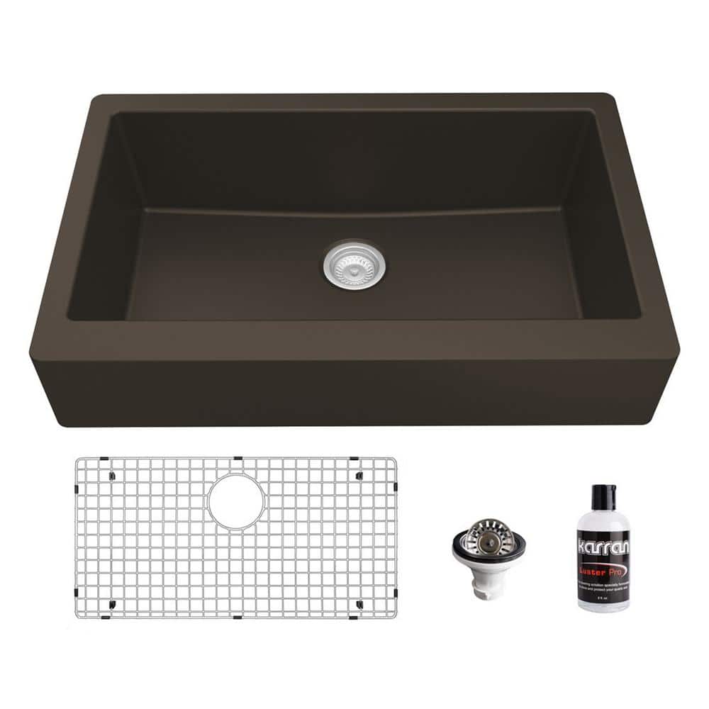 Karran Brown Quartz 34'' Single Bowl Farmhouse Kitchen Sink Kit
