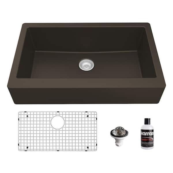 Karran QAR-740 Quartz/Granite 34 in. Single Bowl Retrofit Farmhouse/Apron Front Kitchen Sink in Brown with Grid and Strainer