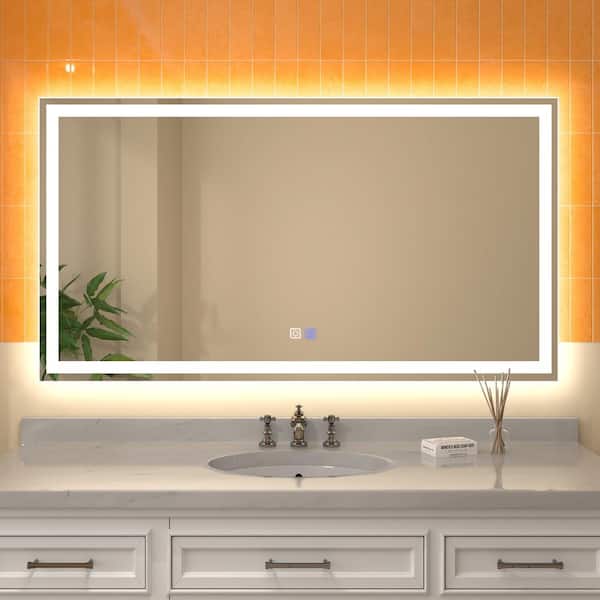 Derrin 55 in. W x 30 in. H Large Rectangular Frameless Anti-Fog Dimmable LED Wall Bathroom Vanity Mirror in Silver