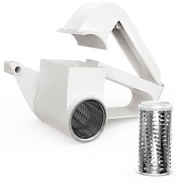 White Rotary Cheese Grater with Handle, Stainless Steel Blade for Cheese, Vegetables, Chocolate, Nuts, Easy Clean