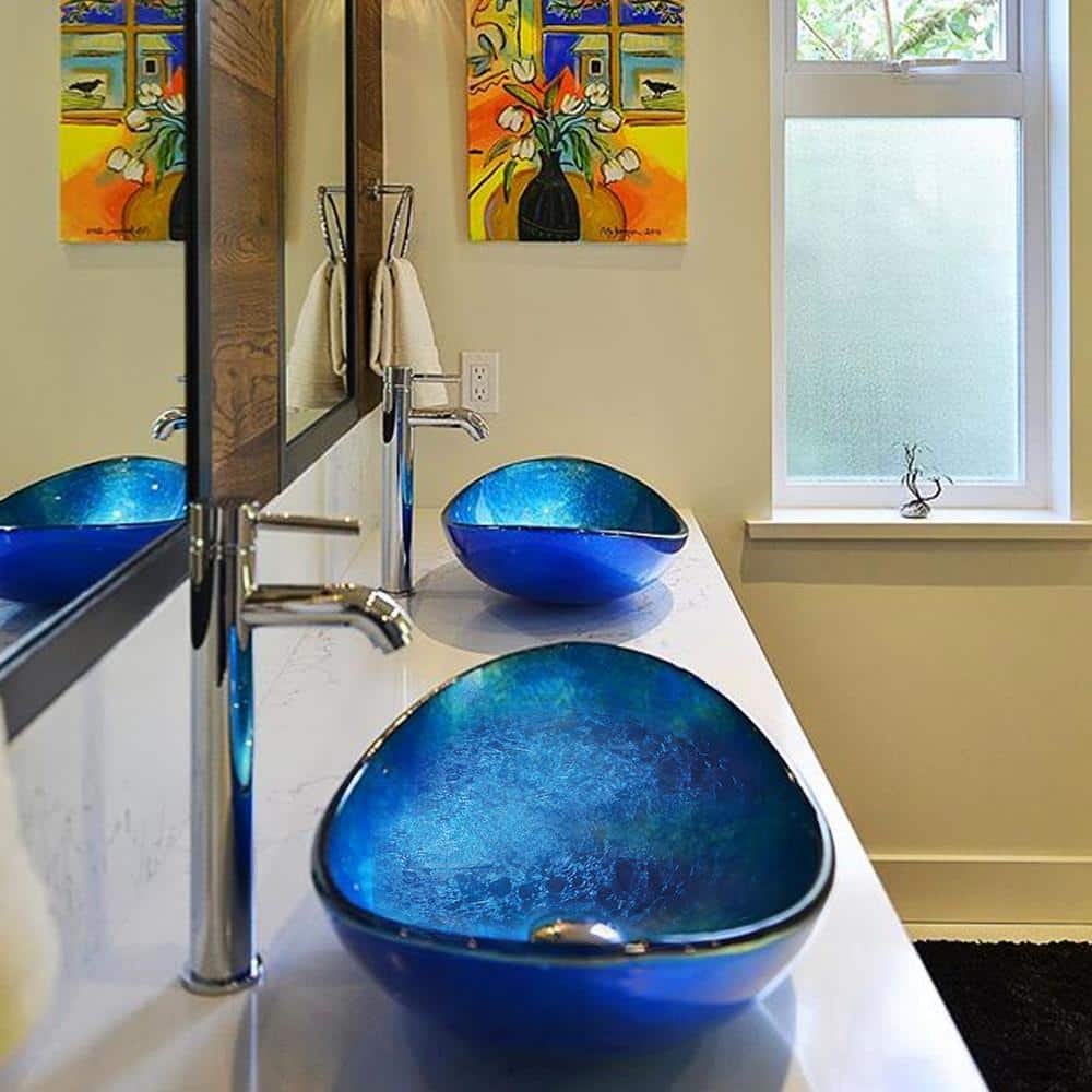 Blue Foil Painted Glass Oval Vessel Sink