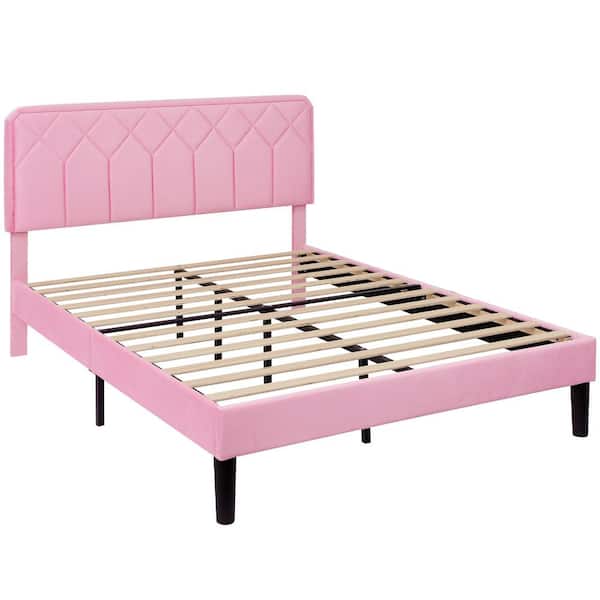 VECELO Bed Frame with Upholstered Headboard, Pink Metal