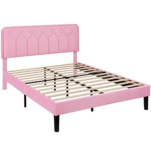 Bed Frame with Upholstered Headboard, Pink Metal Frame Full Platform Bed with Strong Frame and Wooden Slats Support