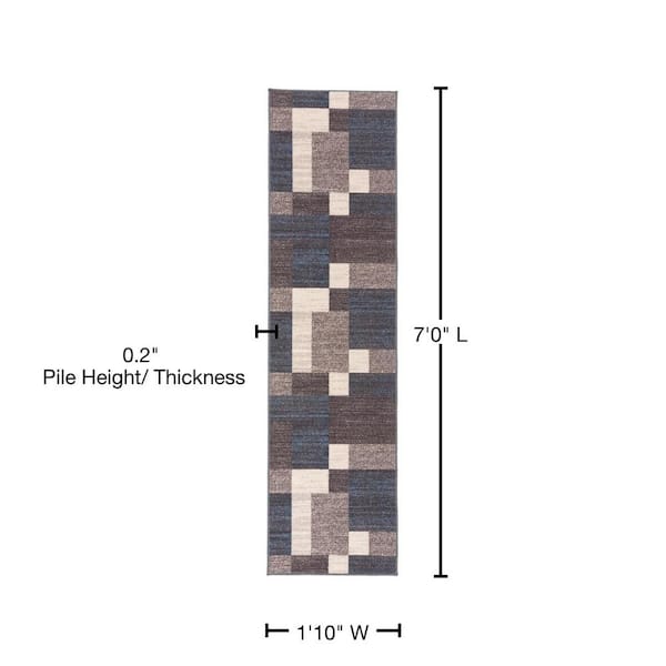 Geometric Boxes Design Non-Slip (Non-Skid) Blue 1 ft. 10 in. x 7 ft. Indoor Runner Rug