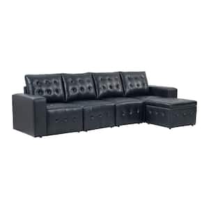 Bona 111 in. wide Navy Leather Sofa with Tufted Seats