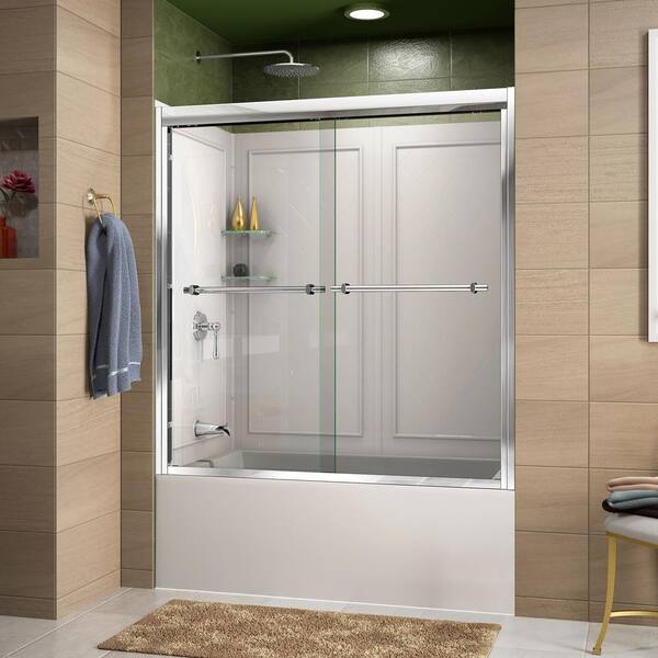 DreamLine Duet 55 to 59 in. x 60 in. Semi-Frameless Sliding Tub Door in Chrome and Backwall with Glass Shelves