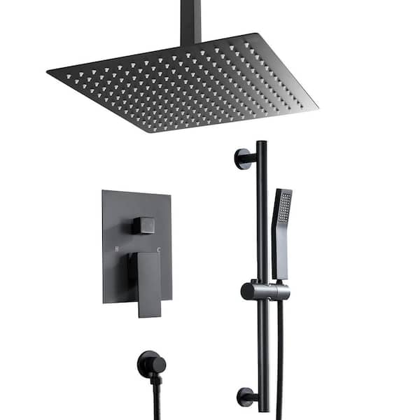 Logmey 2-Spray Patterns with 1.8 GPM 16 in. Ceiling Mount Dual Shower Heads with Valve in Matte Black