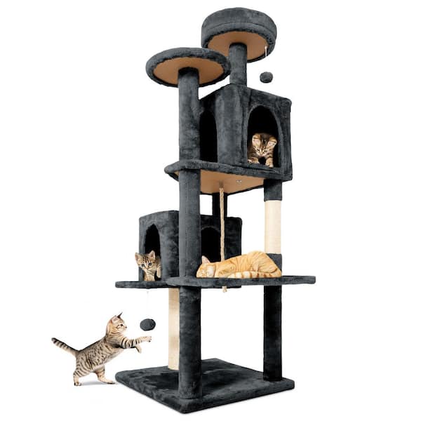 Gray Modern Cat Tree Pet Tower with Scraching Ramp, Hanging Ball