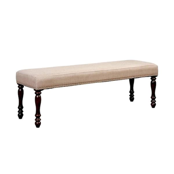 Benjara 56 in. W x 18.5 in. H Cherry Brown Wooden Bench with Padded Fabric Seat