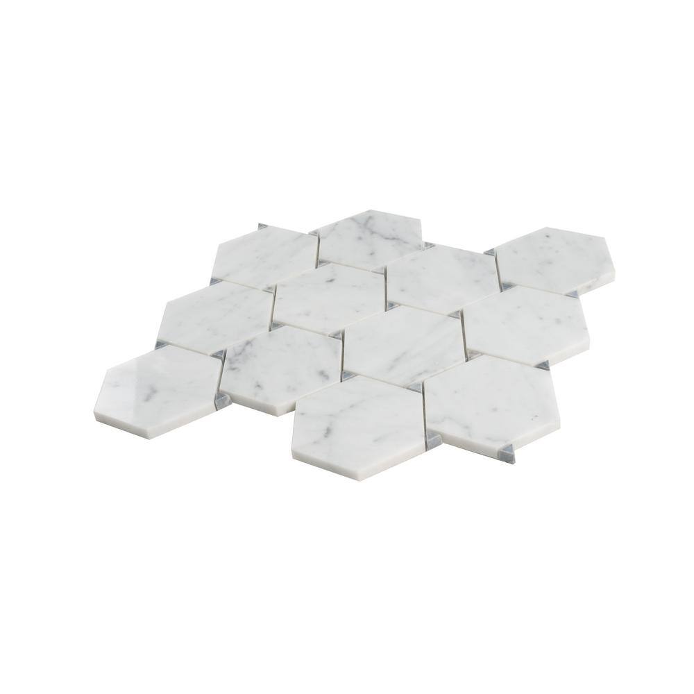Athens White and Gray Polished Marble Hexagon Mosaic Tile
