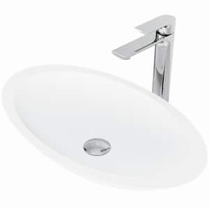 Matte Stone Wisteria Composite Oval Vessel Bathroom Sink in White with Norfolk Faucet and Pop-Up Drain in Chrome
