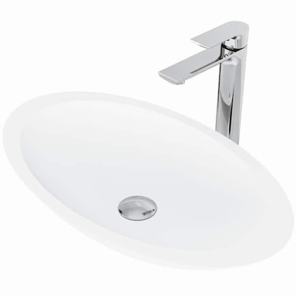 VIGO Matte Stone Wisteria Composite Oval Vessel Bathroom Sink in White with Norfolk Faucet and Pop-Up Drain in Chrome
