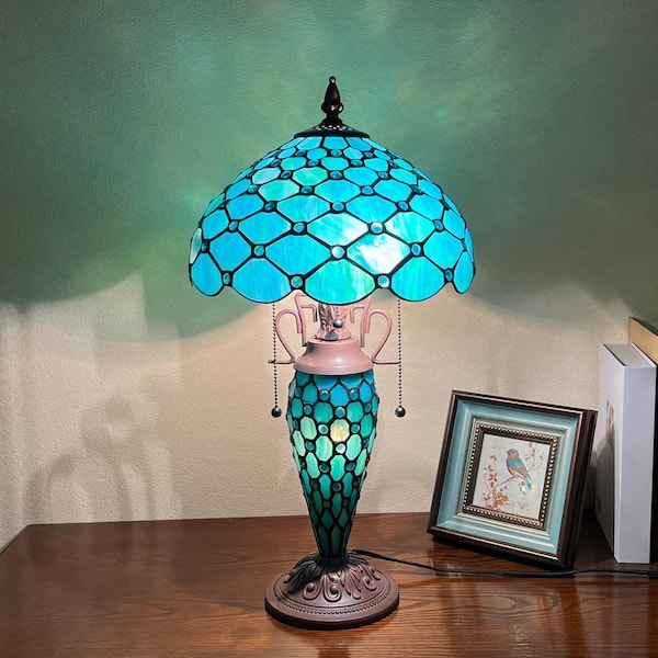 VINPLUS 23 in. Dark Bronze Tiffany Table Lamp with Nightlight Blue