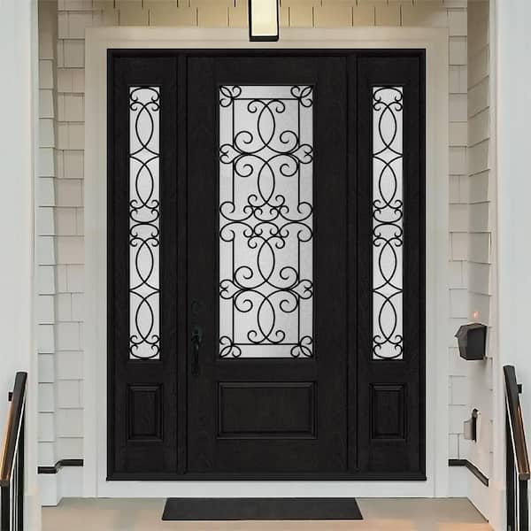 Regency 68 in. x 96 in. 3/4-Lite Georgian Decorative Glass RHIS Onyx Mahogany Fiberglass Prehung Front Door Dbl 14in.SL