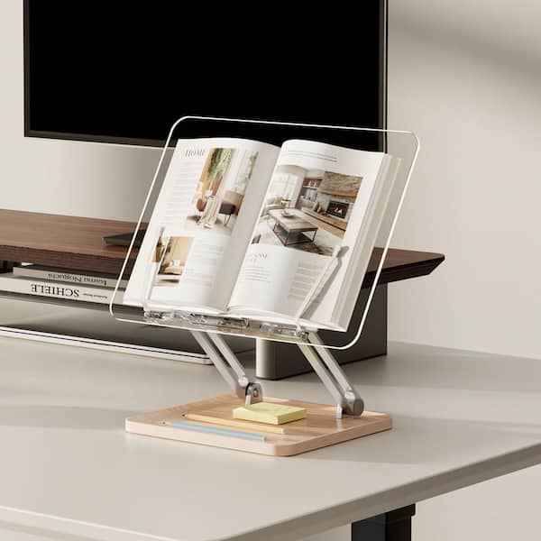 Adjustable Clear Acrylic Book Stand for Reading, Book Holder with Pen Slot, Hands-Free Recipe Stand with Page Clips