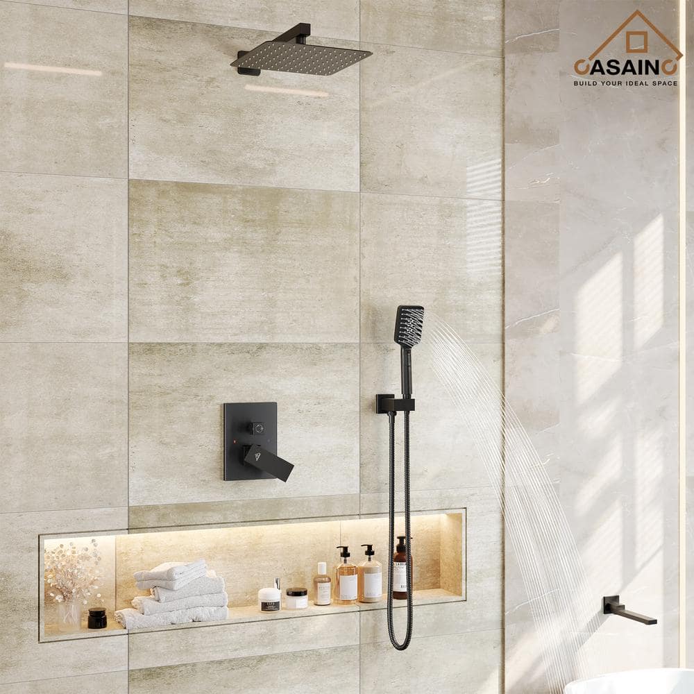 Matte Black 12" Wall Mount Square Shower System with Handheld Spray