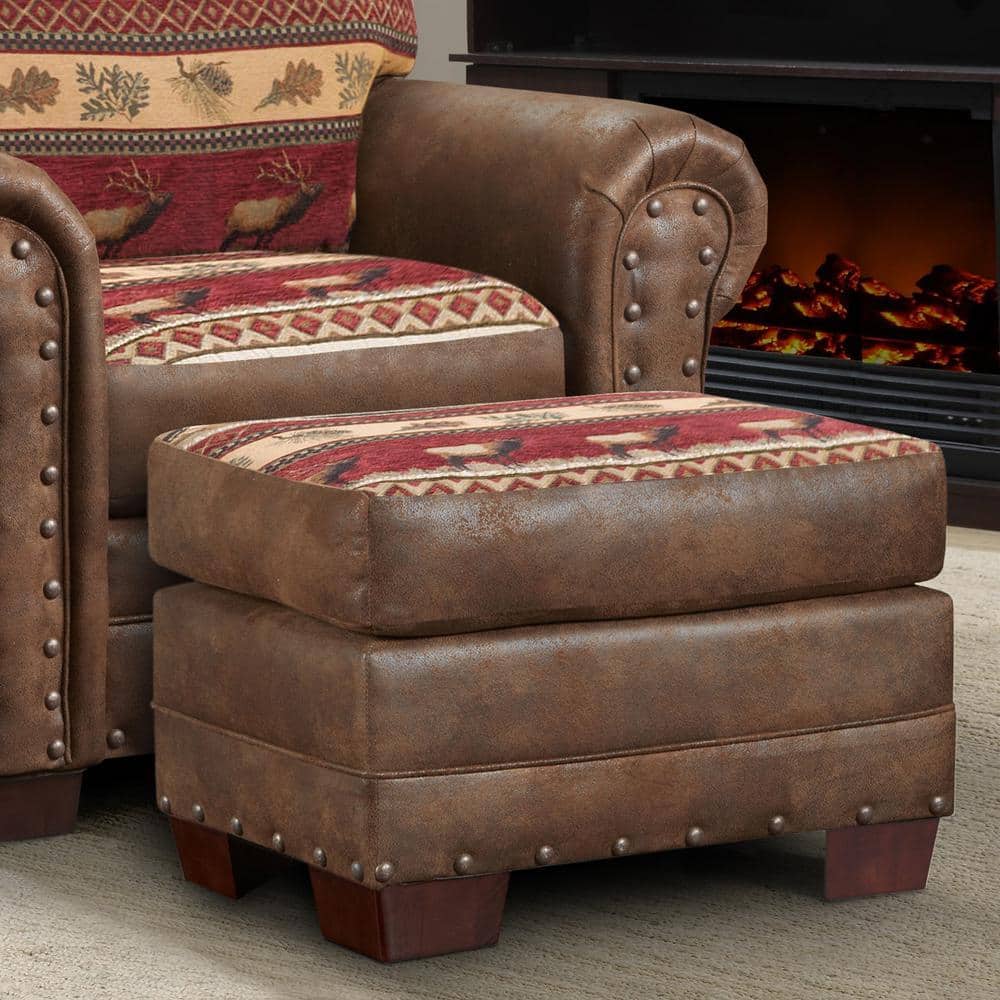 Sierra Lodge Brown Microfiber and Tapestry Ottoman
