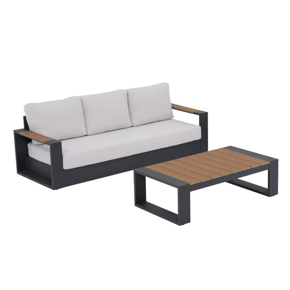 Modern Aluminum Outdoor Black Sectional 3-Seat Sofa & Wood Top Coffee Table, with White Cushions & Pillows price history on PriceWatchPro