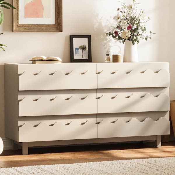 Polibi Ivory 6-Drawers 60 in. Wide Chest of Drawers Wave Front Design for Bedroom, Living Room and Nursery Polibi Ivory 6-Drawers 60 in. Wide Chest of Drawers Wave Front Design for Bedroom, Living Room and Nursery