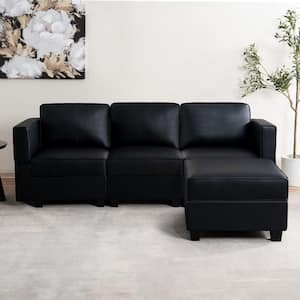 87.01 in. W Faux Leather Sofa with Ottoman Streamlined Comfort for Your Sectional Sofa in Black