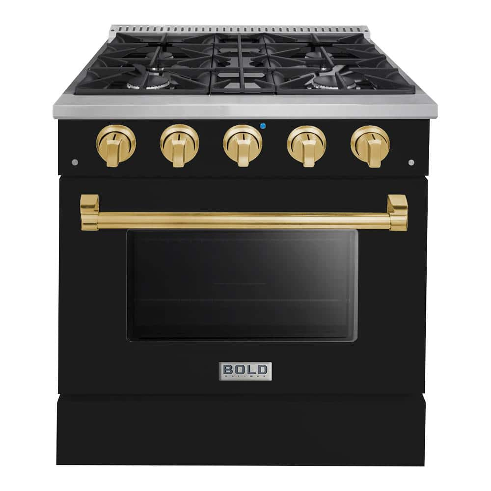 BOLD 30"" 4.2 Cu.Ft. 4 Burner Freestanding Dual Fuel Range with Gas Stove and Electric Oven, Glossy Black with Brass Trim -  Hallman, HBRDF30BSGB