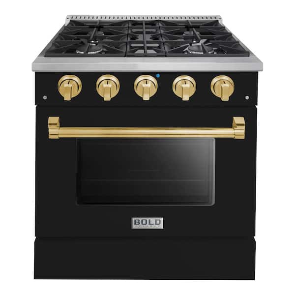 Hallman BOLD 30" 4.2 Cu.Ft. 4 Burner Freestanding Dual Fuel Range with Gas Stove and Electric Oven, Glossy Black with Brass Trim