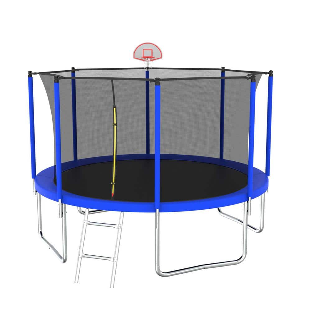 12FT Outdoor Round Blue Trampoline with Safety Enclosure Net, Heavy-Duty Ju