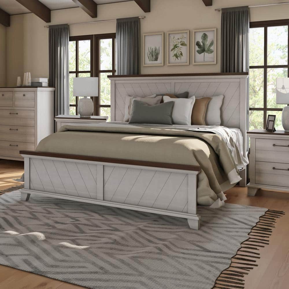 King Size Rustic Wood Frame Upholstered Bed with Storage