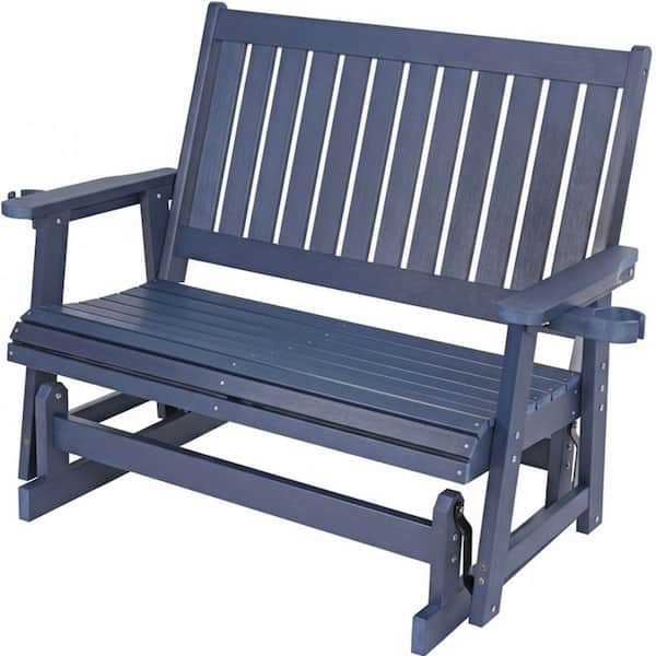 2-Person Plastic Outdoor Glider with Deep Seat, High Back, Removable Cup Holders, Heavy-Duty 900 lbs. Navy Blue