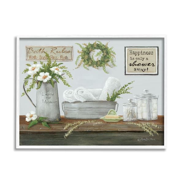 Stupell Industries Farmhouse Bathroom Counter Still Life by Pam Britton 1-Piece White Framed Abstract Giclee Art Print 30 in. x 24 in.