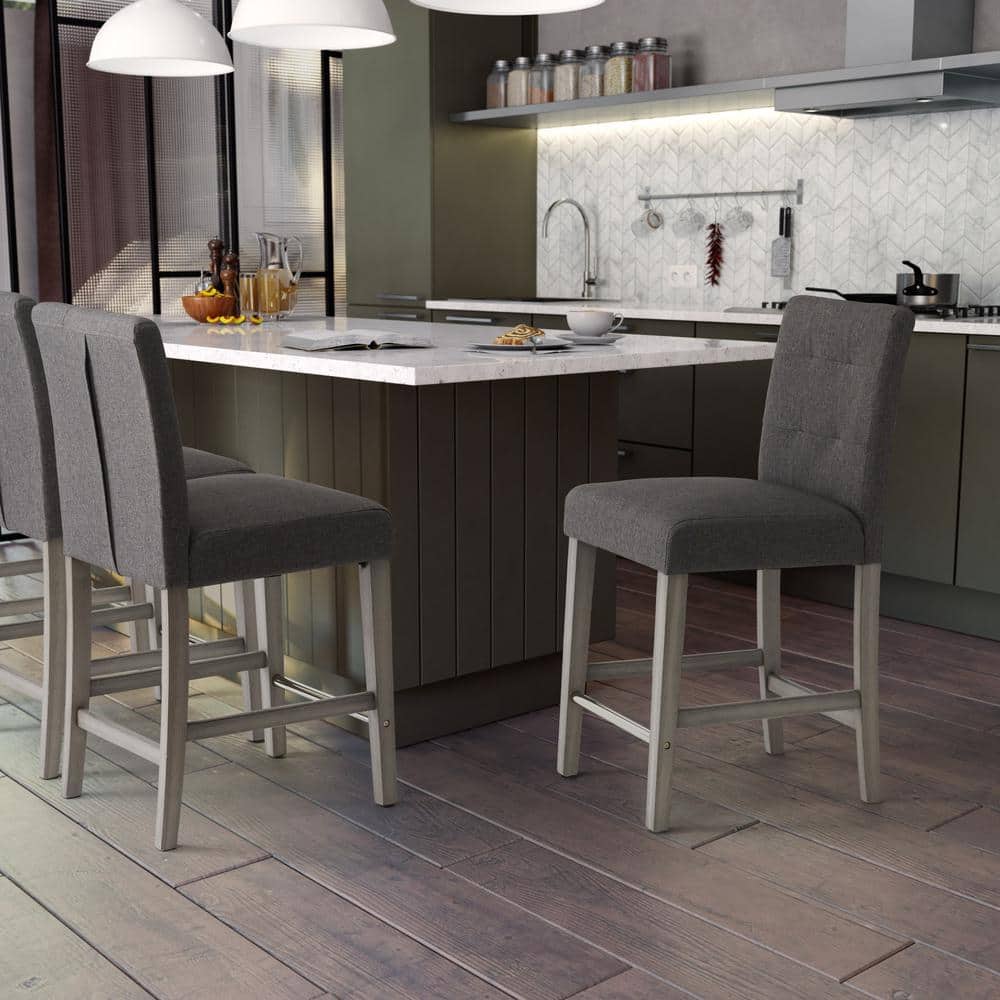 Charcoal Brown Tufted Fabric Counter Height Barstool with Wooden Legs
