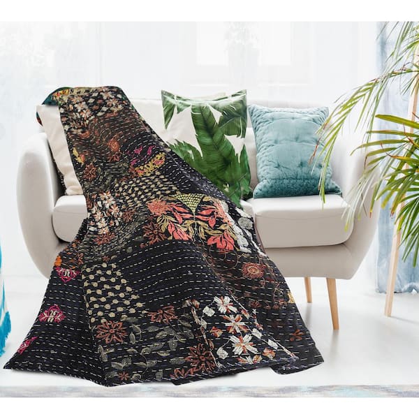 LR Home Faith Black/ Multicolored Patchwork Hand-Stitched Organic Cotton Throw Blanket