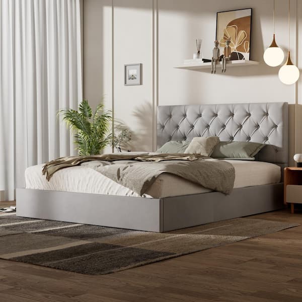 姫様　お取り置き　　lija ペーサートップ　ロングスリーブ Ahokua Greige Grey Frame Queen Size Upholstered Platform Bed
