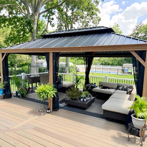 12 ft.x 20 ft. Wood Grain Luxury Aluminum Frame Hardtop Gazebo Canopy for Patio Deck Backyard,Upgraded Netting and Hooks