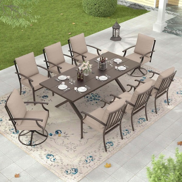 Halmuz 9-Piece Metal Rectangular Outdoor Patio Dining Set with 2 Swivel Chairs, 6 fixed Chairs, Sand